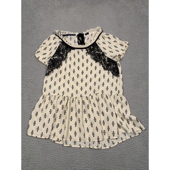 Rewind Cream Black Lace Blouse Tunic Tie Back Ruffle‎ Bottom Small S - Picture 1 of 9